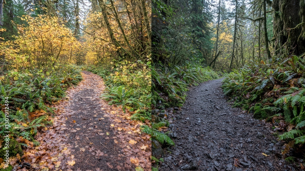 Obraz premium Autumn & Winter Forest Trail Split Image.
