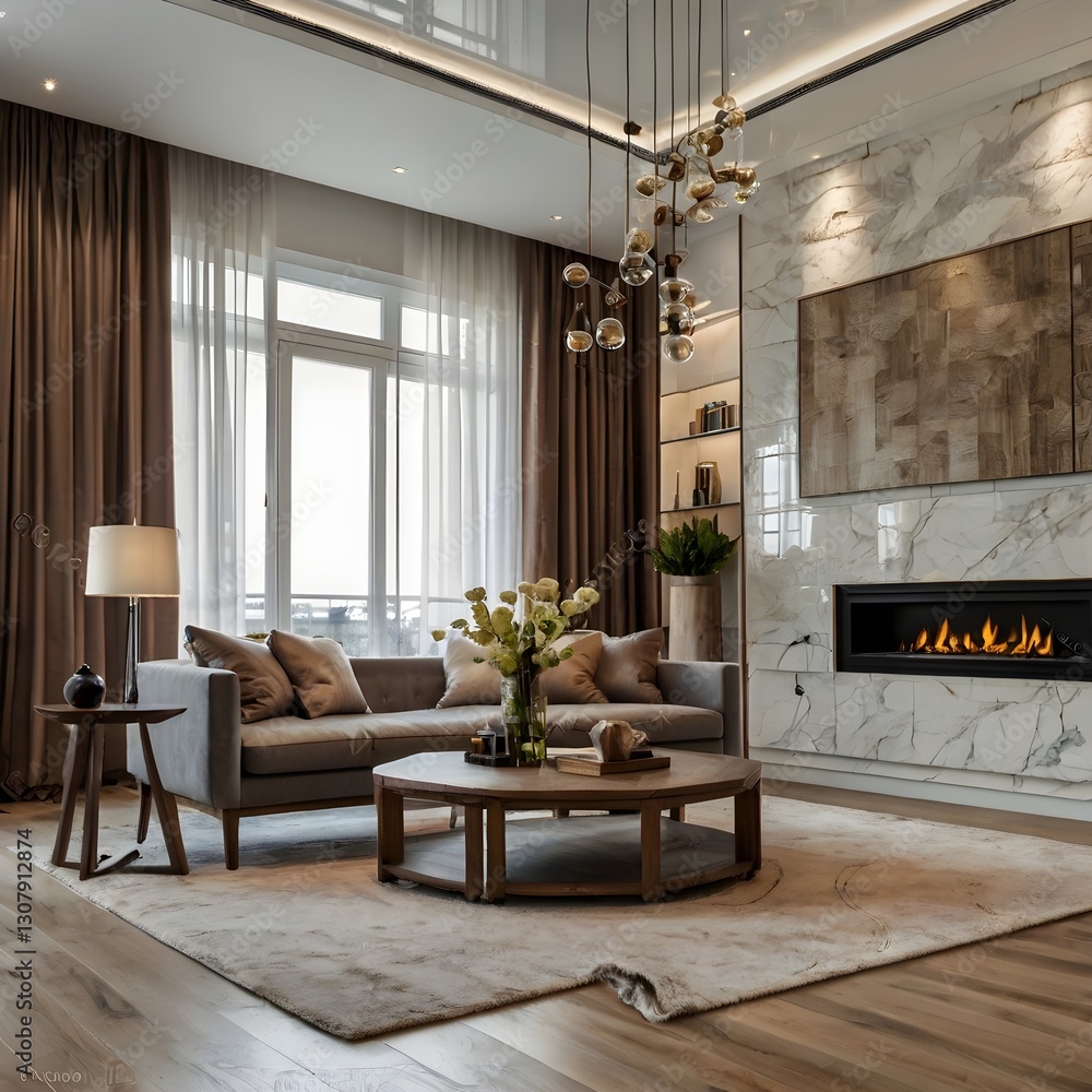 Fototapeta premium Cozy Living Room with Fireplace and Large Windows