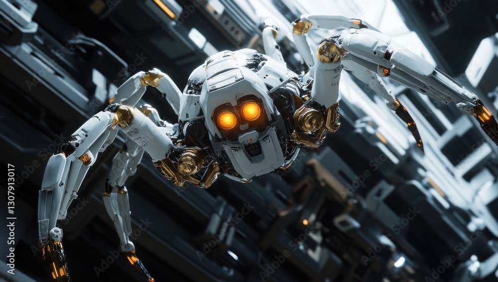 Fototapeta premium Futuristic spider robot in a complex, modern, industrial environment.