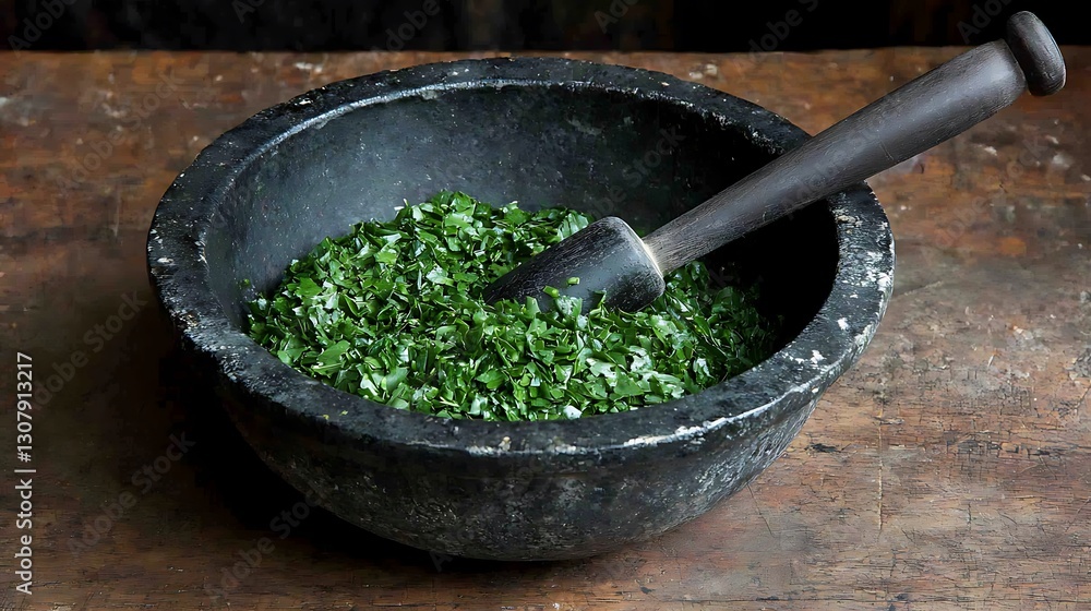 Crushed herbs in a stone mortar Crushed herbs in a stone mortar