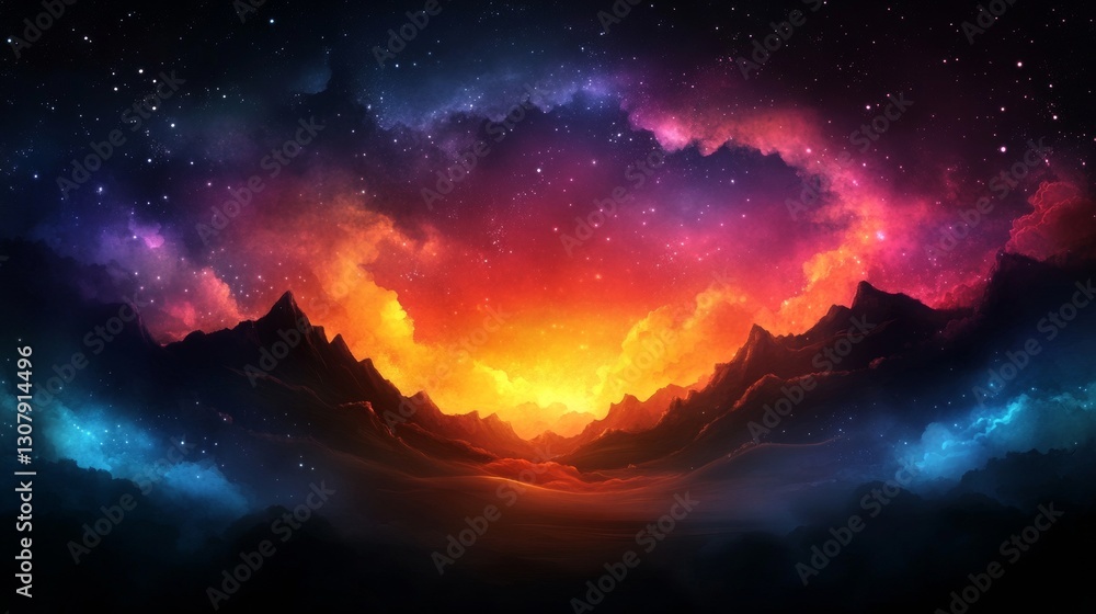 Naklejka premium Vibrant sunset over a mountain range, painted across a cosmic canvas of stars and nebulae. A breathtaking, surreal landscape.