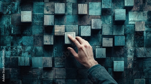 Hand pressing a light switch on a wooden wall. photo