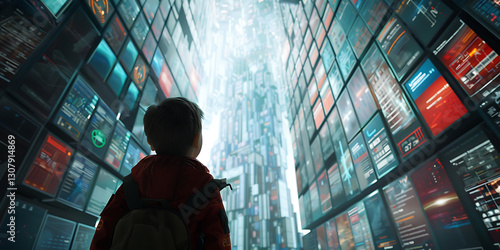 Child in Red Jacket Gazing at Futuristic Digital Screens
