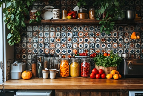 Cozy rustic kitchen with spices and fresh vegetables
