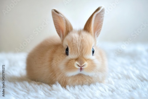 Easter holiday celebration featuring a fluffy bunny resting on soft white fur photo