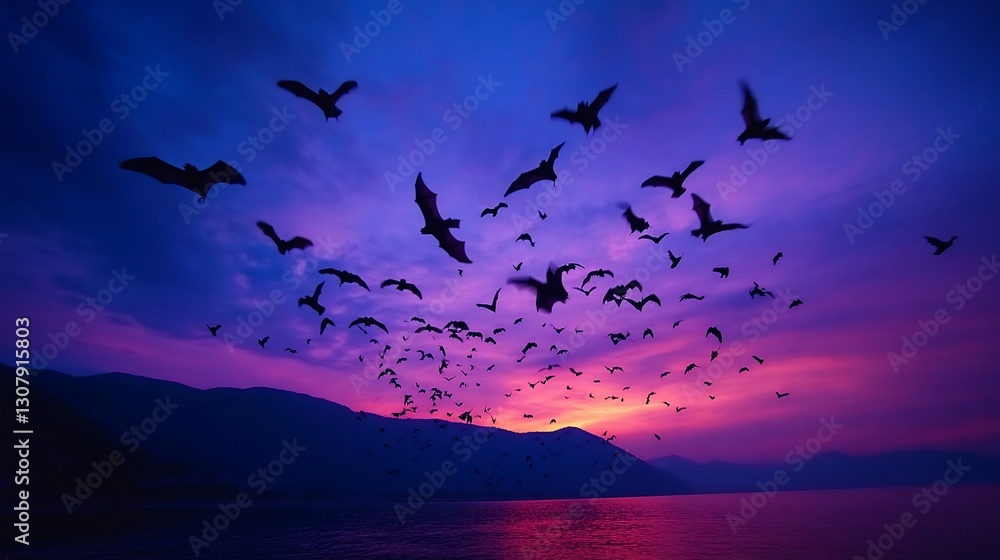 Fototapeta premium Bats flying over lake at sunset