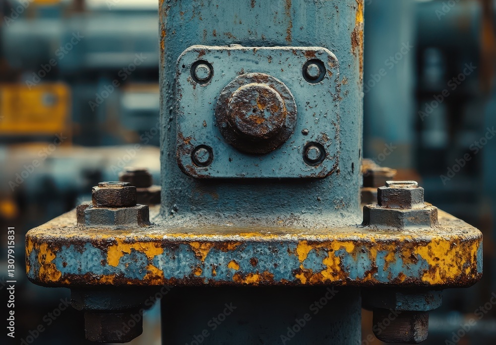 Detailed close-up of a weathered metal pillar showcasing rust and bolts in an industrial setting, highlighting age and structural integrity in vibrant colors Detailed close-up of a weathered metal pillar showcasing rust and bolts in an industrial setting, highlighting age and structural integrity in vibrant colors