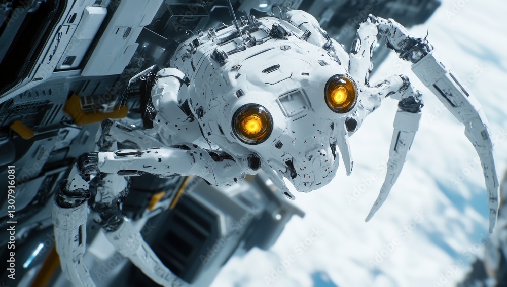 Fototapeta premium Futuristic white robot insect, detailed mechanical design, close-up view, on a spaceship or spacecraft.