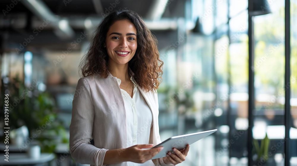 Confident young professional woman standing in a modern office, smiling while holding a tablet. Successful business leader or entrepreneur representing leadership, innovation, and corporate growth Confident young professional woman standing in a modern office, smiling while holding a tablet. Successful business leader or entrepreneur representing leadership, innovation, and corporate growth