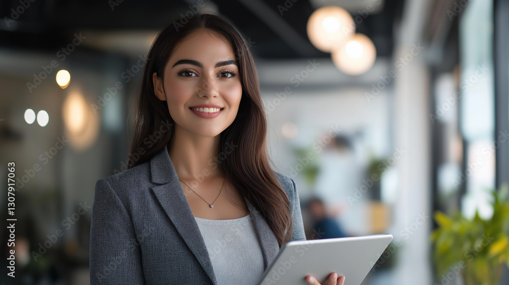 Fototapeta premium Confident young professional woman standing in a modern office, smiling while holding a tablet. Successful business leader or entrepreneur representing leadership, innovation, and corporate growth