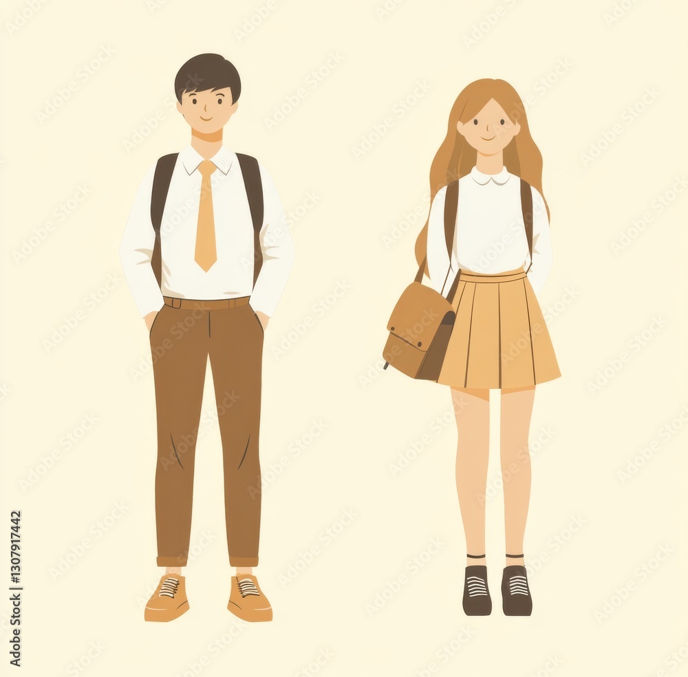 a male and female student in uniforms with backpacks. a male and female student in uniforms with backpacks.