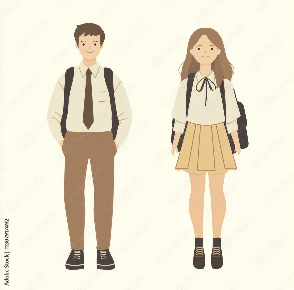 a male and female student in uniforms with backpacks. a male and female student in uniforms with backpacks.