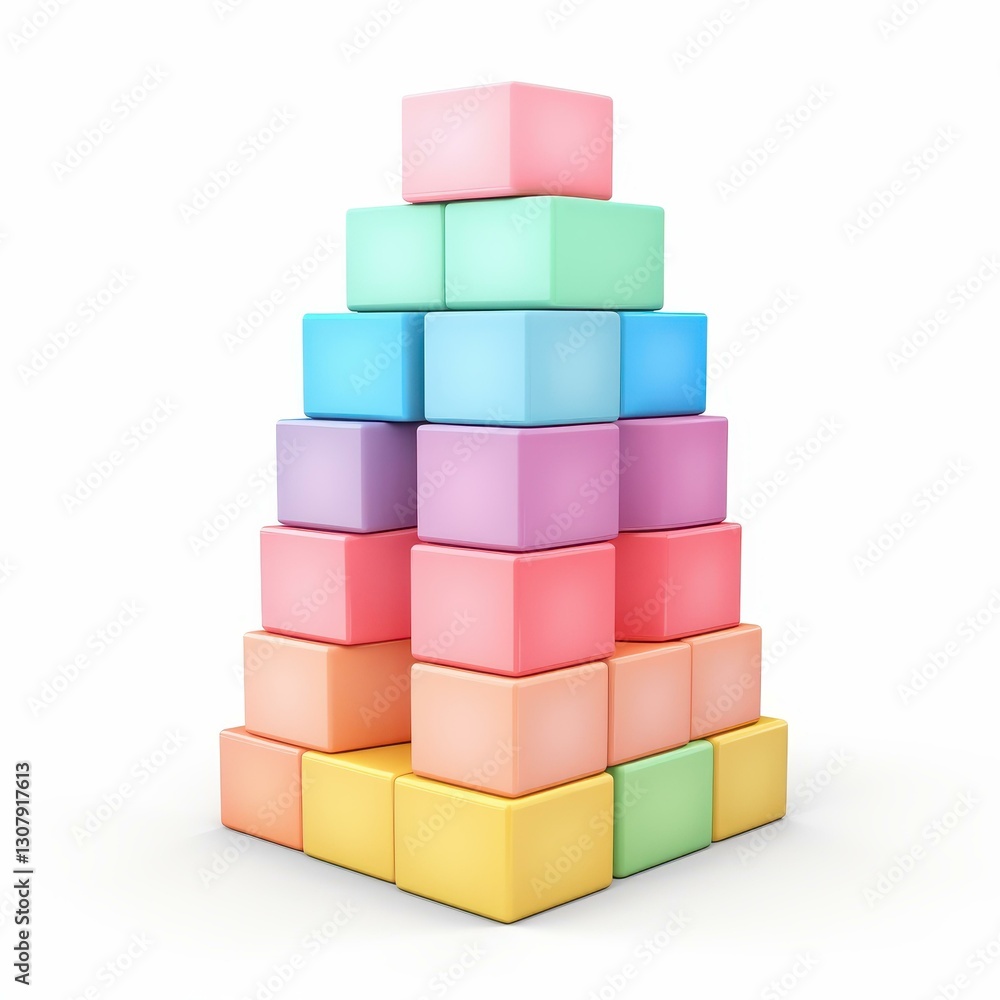A vibrant set of pastel building blocks neatly stacked, showcasing a playful and creative arrangement on a white backdrop.