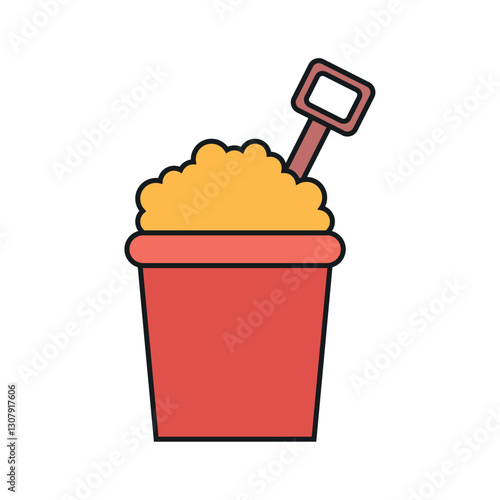 Vector Illustration of a Red Sand Bucket Filled with Sand and a Small Shovel for Children's Beach Play Activities