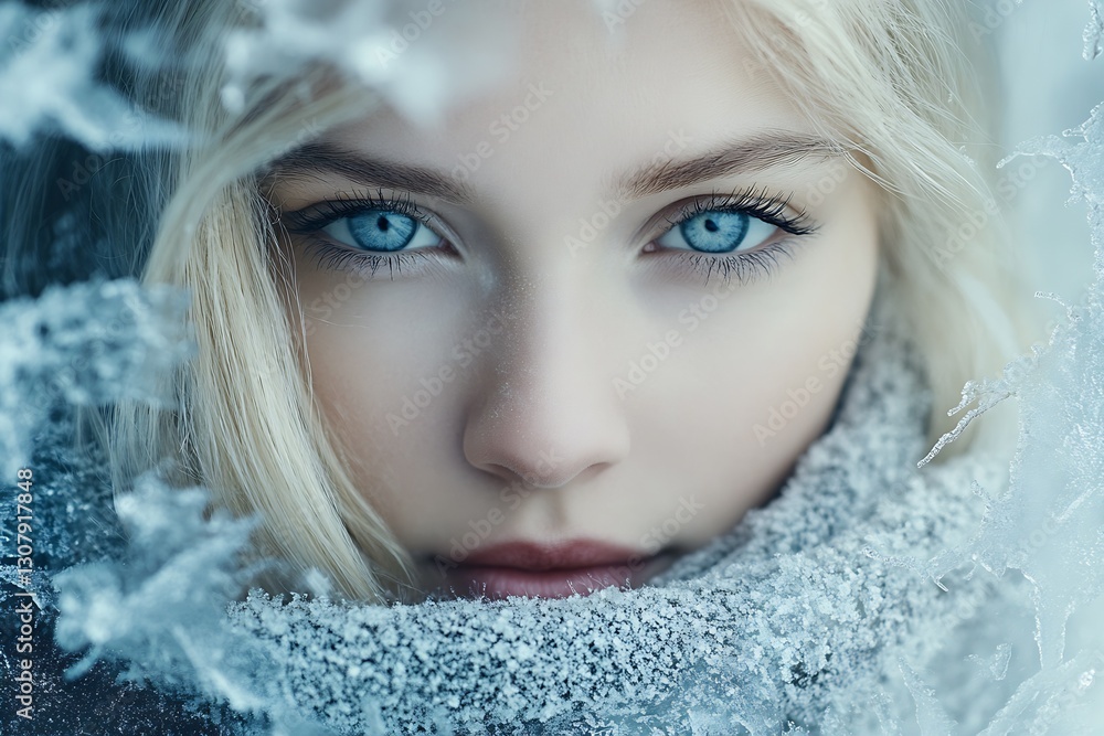 Mystical close-up of a girl wrapped in soft frost with striking blue eyes and an enchanting winter atmosphere : Generative AI Mystical close-up of a girl wrapped in soft frost with striking blue eyes and an enchanting winter atmosphere : Generative AI