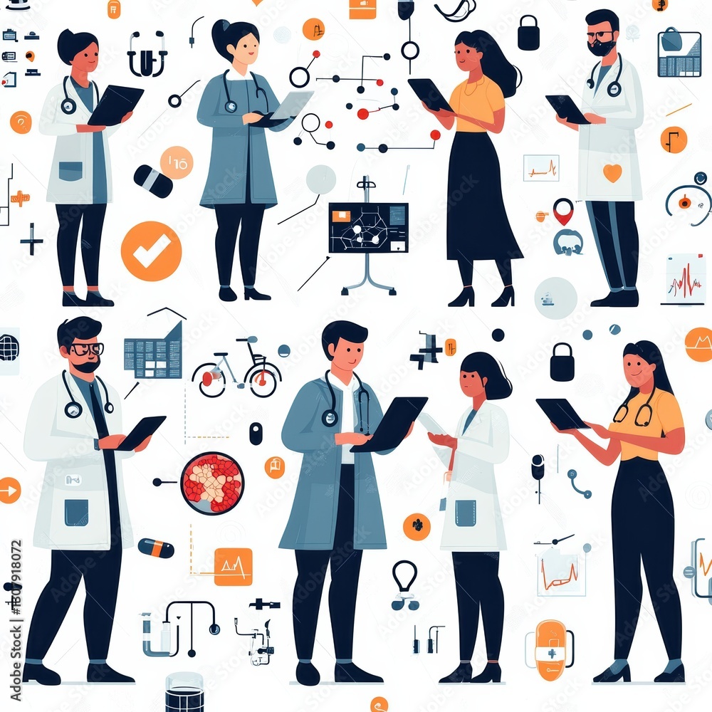 Diverse professionals are depicted in a vibrant minimalist style, each using tablets to collaborate. The background features healthcare-related symbols and data visualization elements Diverse professionals are depicted in a vibrant minimalist style, each using tablets to collaborate. The background features healthcare-related symbols and data visualization elements