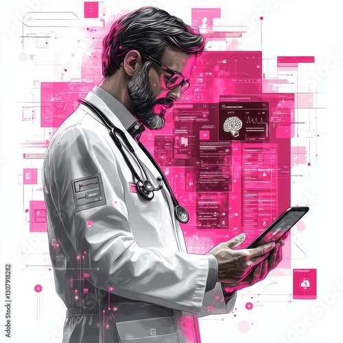 A cartoon doctor stands focused while using a tablet to access health data. Surrounding him are digital elements and graphs symbolizing technology in medicine, creating a modern atmosphere