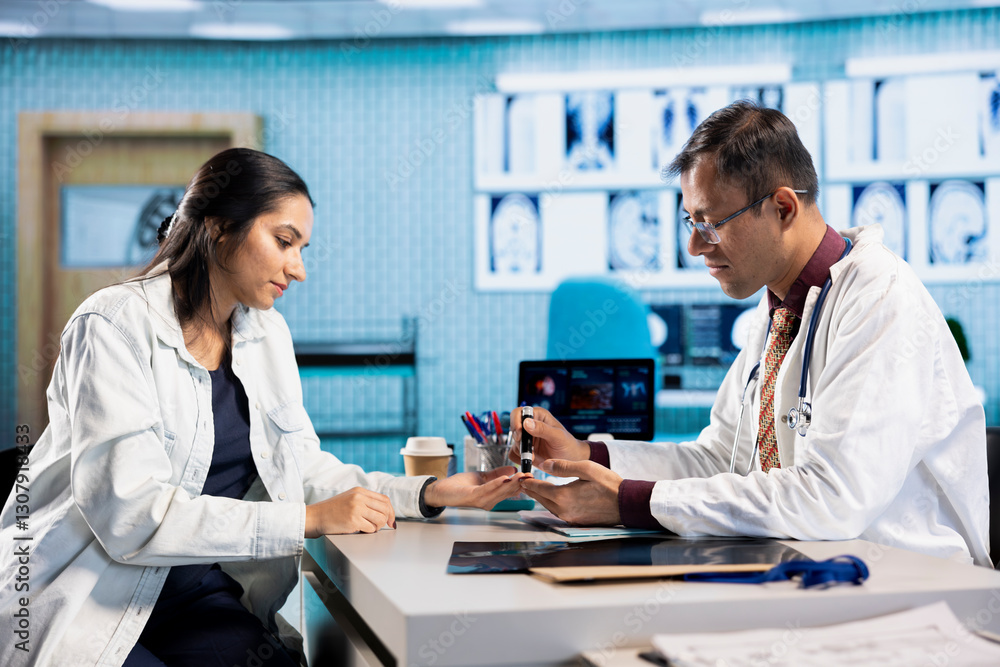 Fototapeta premium Medical expert administering insulin with injection pen to a patient during check up visit. Modern diagnostic tools and instruments are used in a healthcare consultation, health insurance.