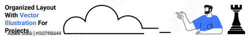Abstract cloud with a man pointing towards a horizontal bar and a chess rook piece. Ideal for strategy, cloud computing, teamwork, technology, business, projects, flat landing page banner