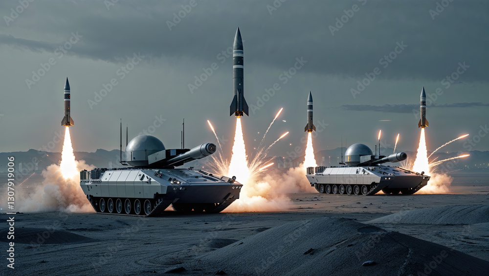 Futuristic military tanks launching ballistic missiles. Scenes of military power, advanced weaponry highlight the intensity of modern warfare. Missile defence system of anti-missile tanks intercepting