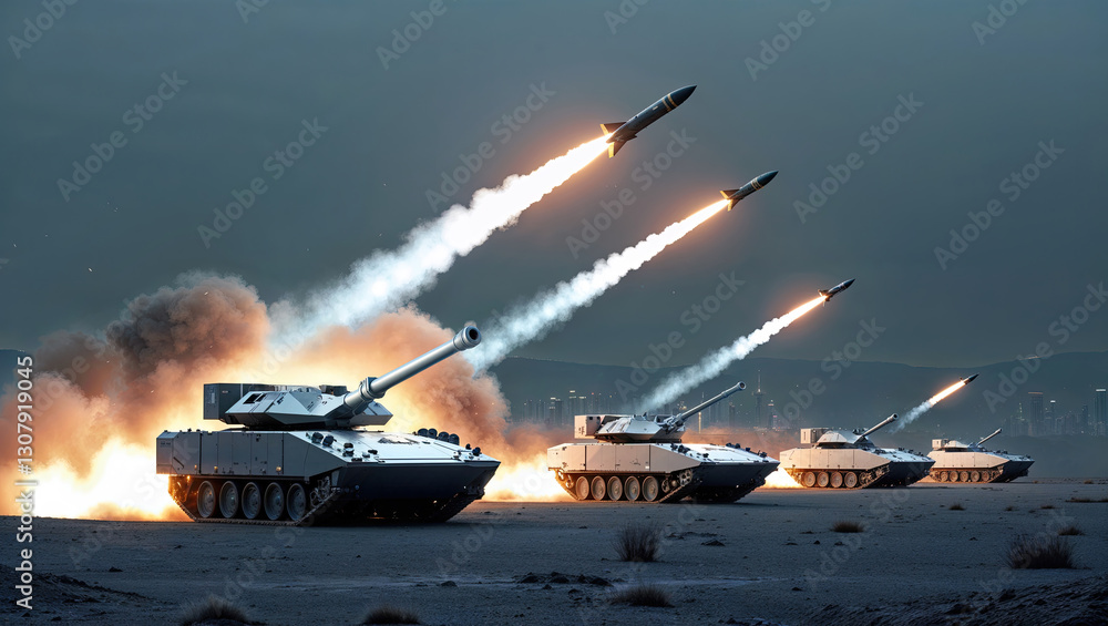 Military tanks launching missiles towards a city in desert, embodying the intensity of modern warfare and the chaos of conflict. Missile defence system of anti-missile tanks intercepting