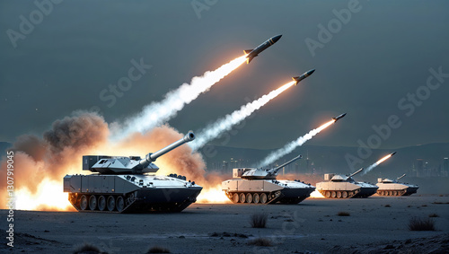 Obraz na płótnie Military tanks launching missiles towards a city in desert, embodying the intensity of modern warfare and the chaos of conflict. Missile defence system of anti-missile tanks intercepting w salonie