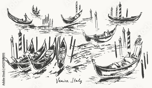 Hand drawn ink Venice gondolas sketches set in the channel with waves.