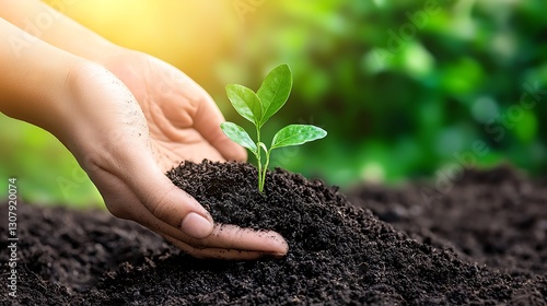 Hands Planting Young Sapling in Garden Soil