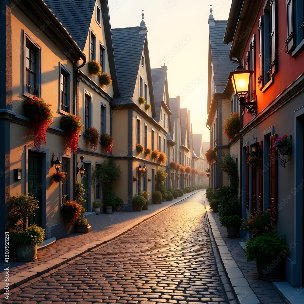 Charming Old European Cobblestone Street with Colorful Buildings and Blooming Flowers at Golden Hour Charming Old European Cobblestone Street with Colorful Buildings and Blooming Flowers at Golden Hour