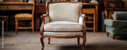 An elegant vintage armchair with wooden accents, perfect for adding charm to any indoor space or home decor. photo