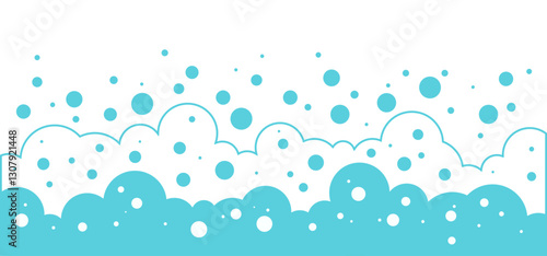 Cartoon foam bubble background, bath soap pattern line and flat art, water soda border, wash frame, laundry suds. Shampoo splash, baby shower, sea underwater bg. Blue, white color vector illustration