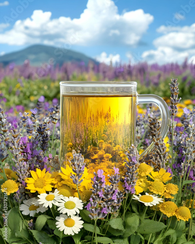 Serene Herbal Tea in Lavender and Daisy Field Illustration