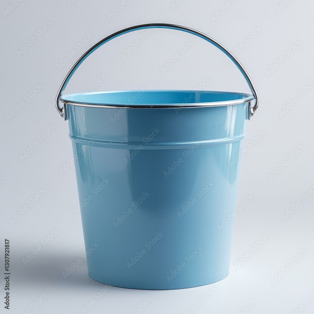 Modern still life of a skyblue plastic bucket with metallic handle, centered on a seamless white background with soft shadowing for depth Modern still life of a skyblue plastic bucket with metallic handle, centered on a seamless white background with soft shadowing for depth