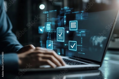 Wallpaper Mural User Typing on Laptop with Overlay Icons Representing Digital Information Processing and Data Validation : Generative AI Torontodigital.ca