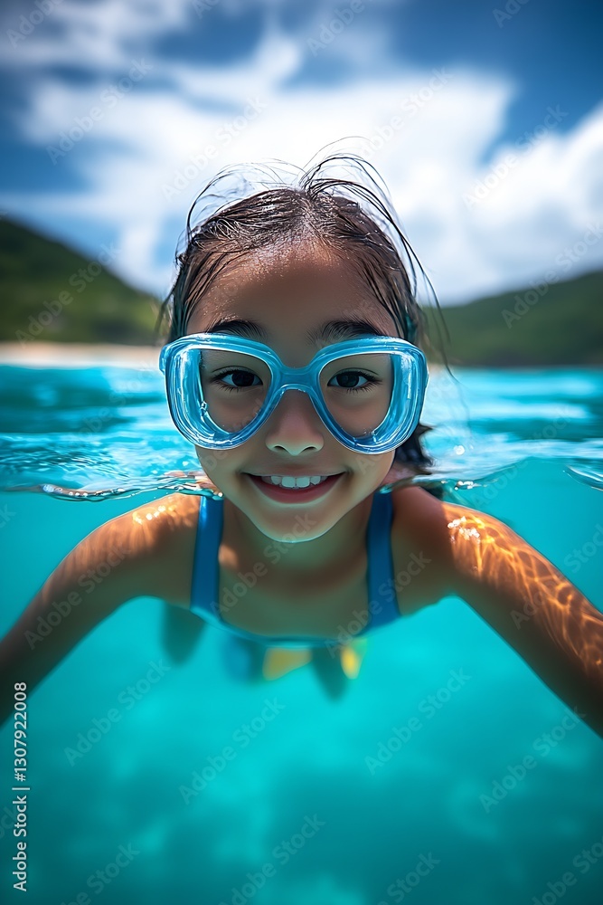Naklejka premium Joyful girl enjoying swimming underwater with goggles in clear blue tropical ocean : Generative AI