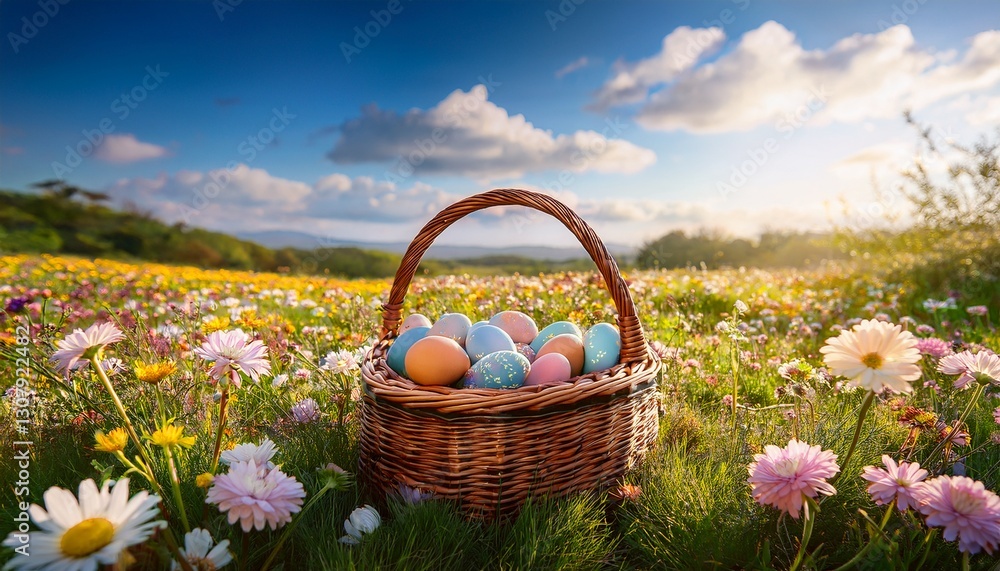 basket with easter eggs on a beautiful flower meadow basket with easter eggs on a beautiful flower meadow