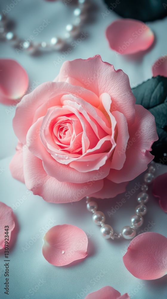 Pink rose accompanied by pearl necklace and scattered petals on soft surface Pink rose accompanied by pearl necklace and scattered petals on soft surface
