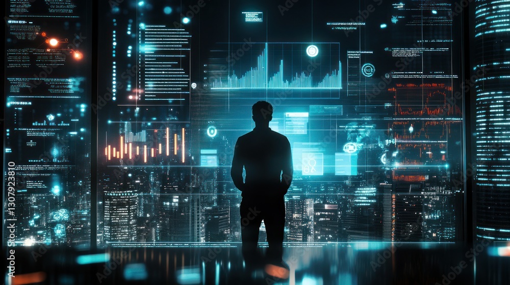 Silhouette Contemplating Data Streams in a Futuristic Urban Landscape Silhouette Contemplating Data Streams in a Futuristic Urban Landscape