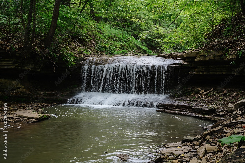 Charming small waterfall cascading over rock formations in a peaceful forest setting : Generative AI Charming small waterfall cascading over rock formations in a peaceful forest setting : Generative AI