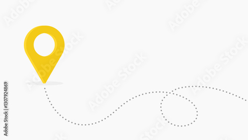 Yellow location pin icon with a dotted travel path on a white background. Navigation, travel, or GPS positioning concept illustration.