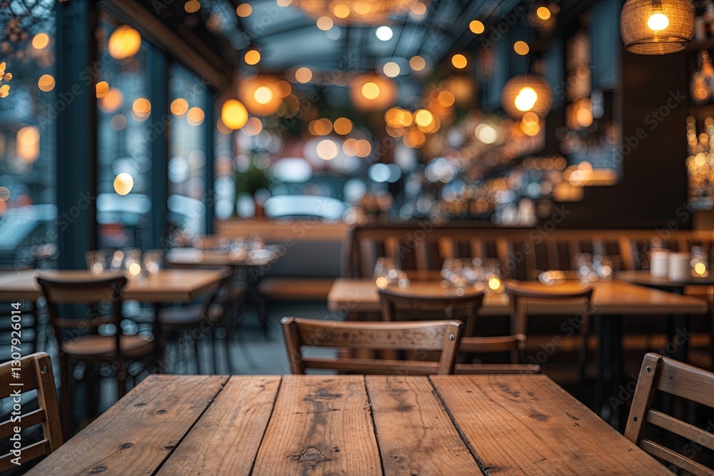 Cozy Bistro Scene with Bare Wooden Surface and Dreamy Bokeh Effect Cozy Bistro Scene with Bare Wooden Surface and Dreamy Bokeh Effect