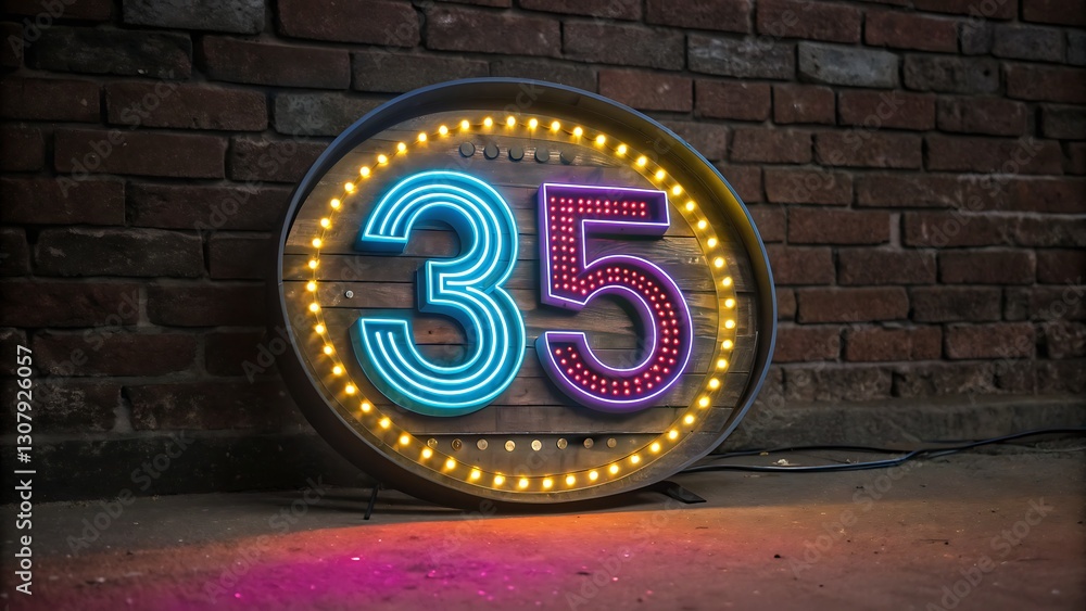 Circular neon sign with bold blue and pink lights forming the number '35', set against a textured brick wall Circular neon sign with bold blue and pink lights forming the number '35', set against a textured brick wall