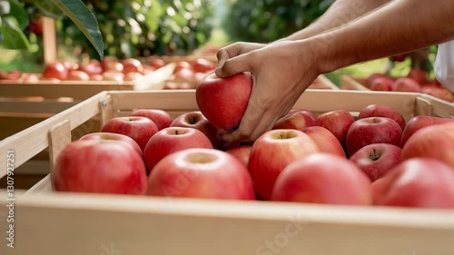 Hands harvesting ripe red apples in orchard crate filled Autumn abundance farm-fresh produce