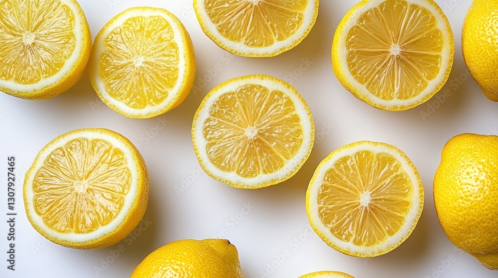 Fototapeta premium Sliced lemons arranged on white background