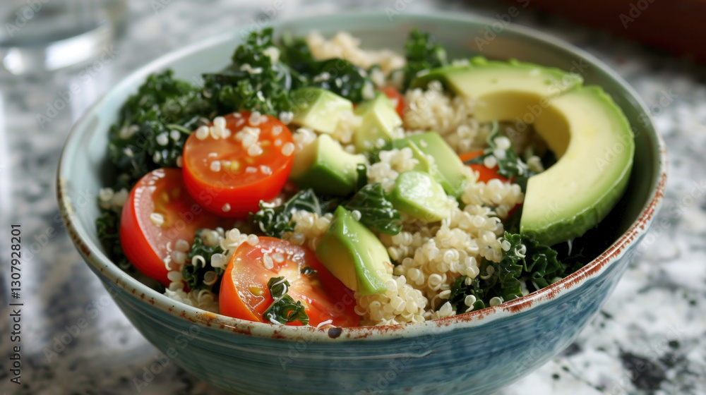 A bowl of quinoa salad mixed with kale, cherry tomatoes, avocado slices, and a light olive oil dressing A bowl of quinoa salad mixed with kale, cherry tomatoes, avocado slices, and a light olive oil dressing