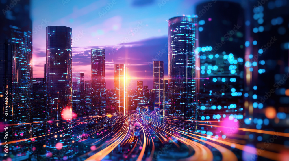 Fototapeta premium Futuristic city skyline showcasing technology and innovation at sunset