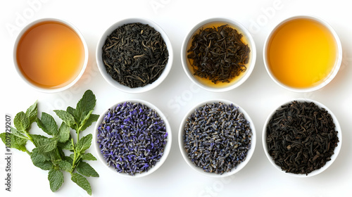 Assorted Tea Types in Bowls and Cups: A Flat Lay Photo Illustration