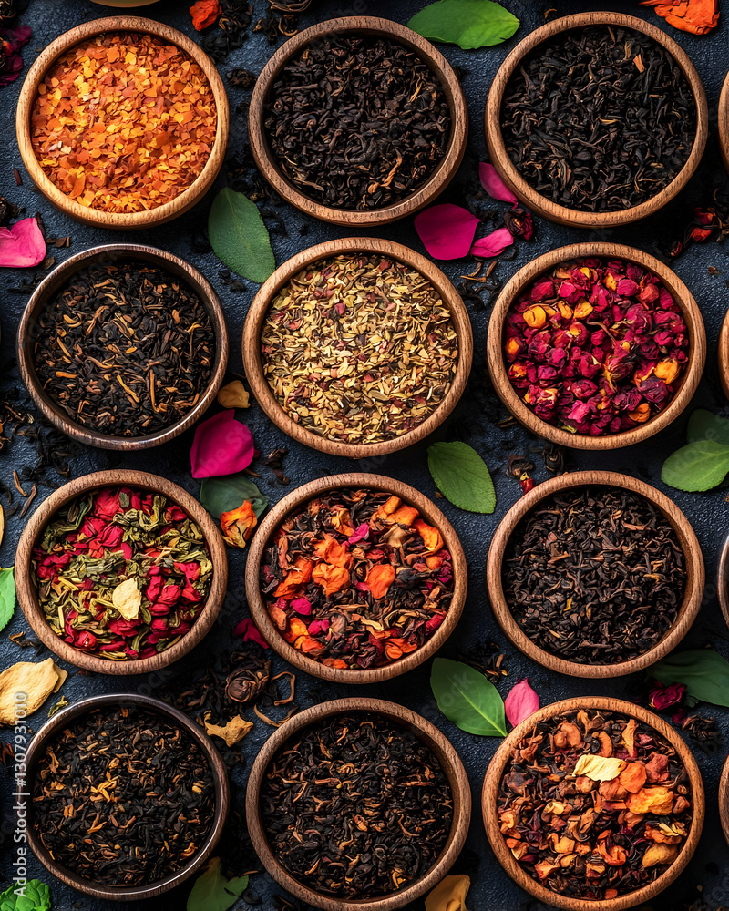 Aromatic Tea Collection in Wooden Bowls: An Illustration of Diverse Tea Varieties Aromatic Tea Collection in Wooden Bowls: An Illustration of Diverse Tea Varieties