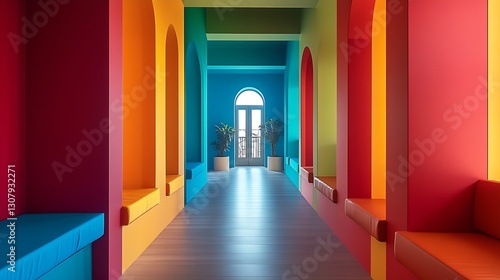 Vibrant and spacious hallway with colorful walls and natural light illuminating stylish seating areas : Generative AI photo