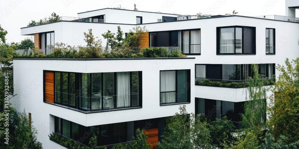 Obraz premium A modern apartment complex with a green landscape design, showcasing sustainable architecture in Berlin, Germany The buildings feature white walls with black details and glass windows Generative AI